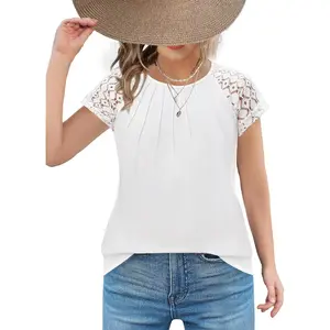 Girls Short Sleeve Lace Pleated Shirts Casual Crewneck Summer Kids Tops Blouses Tees