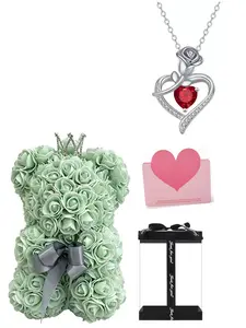 Mother's Day Gift Set, Rose Necklace, Crown Foam Bear, Gratitude Card, PVC Handbag, Perfect for Birthdays and Anniversaries, Gift Pack