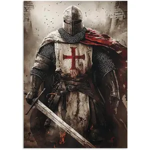 Crusader Knight Canvas Wall Art,Templar Knight Poster Print,Medieval Warrior with Sword,Christian Cross Artwork,Historical Decor for Living Room,Bedroom,Office,Wall Decor-12x18inch(30x45cm)-Unframe-st