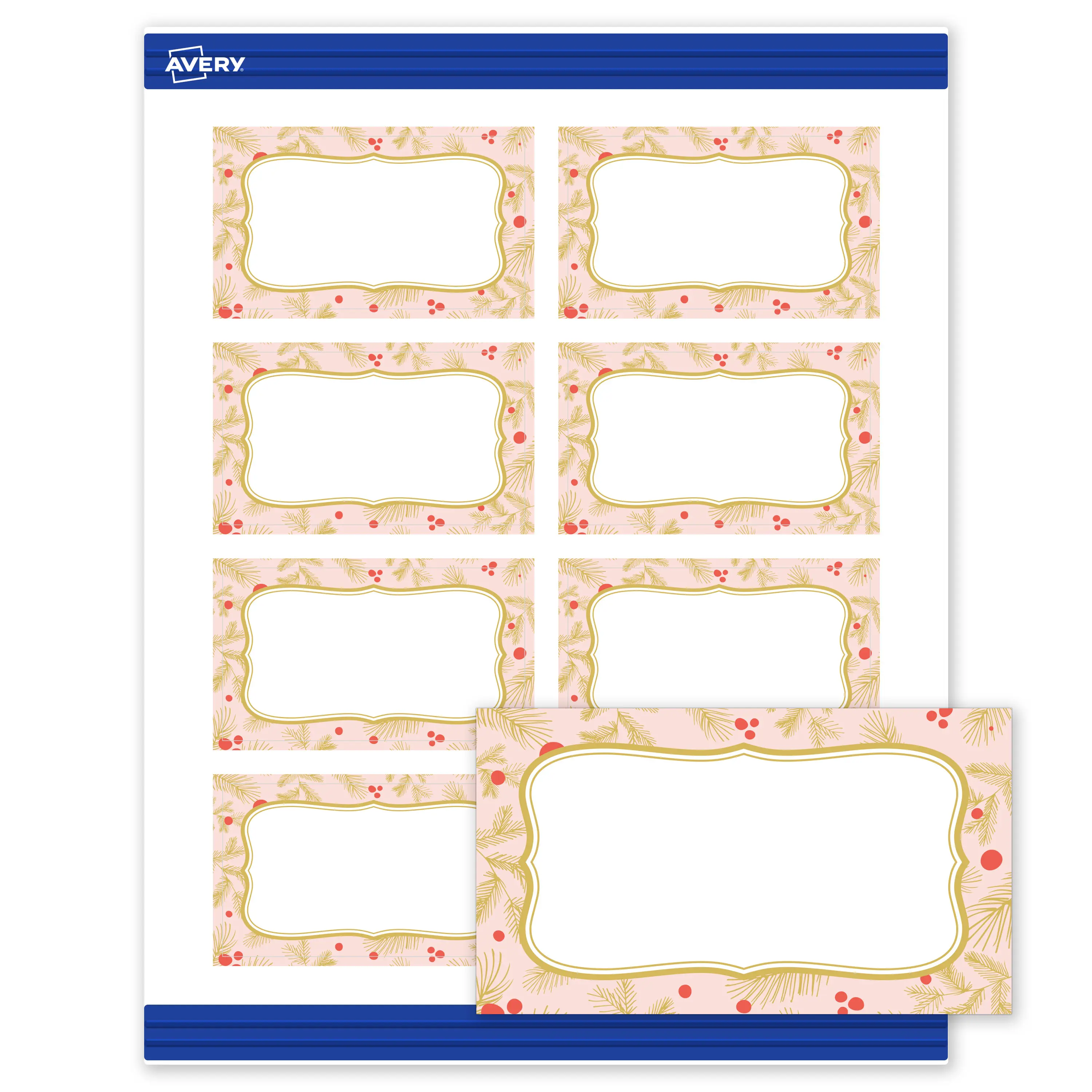 Avery® Printable Christmas Business Cards with Sure Feed® Technology, Rectangle, 2" x 3-1/2", Pre-Printed Pink & Metallic Gold Border with Holly Design, Matte White, Laser & Inkjet Compatible, 80 Total