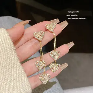 Zircon Heart Tassel Earrings for Women, 2025 Trend Jewelry Two-Way Wear Luxury Chic Sparkling Statement Dangles