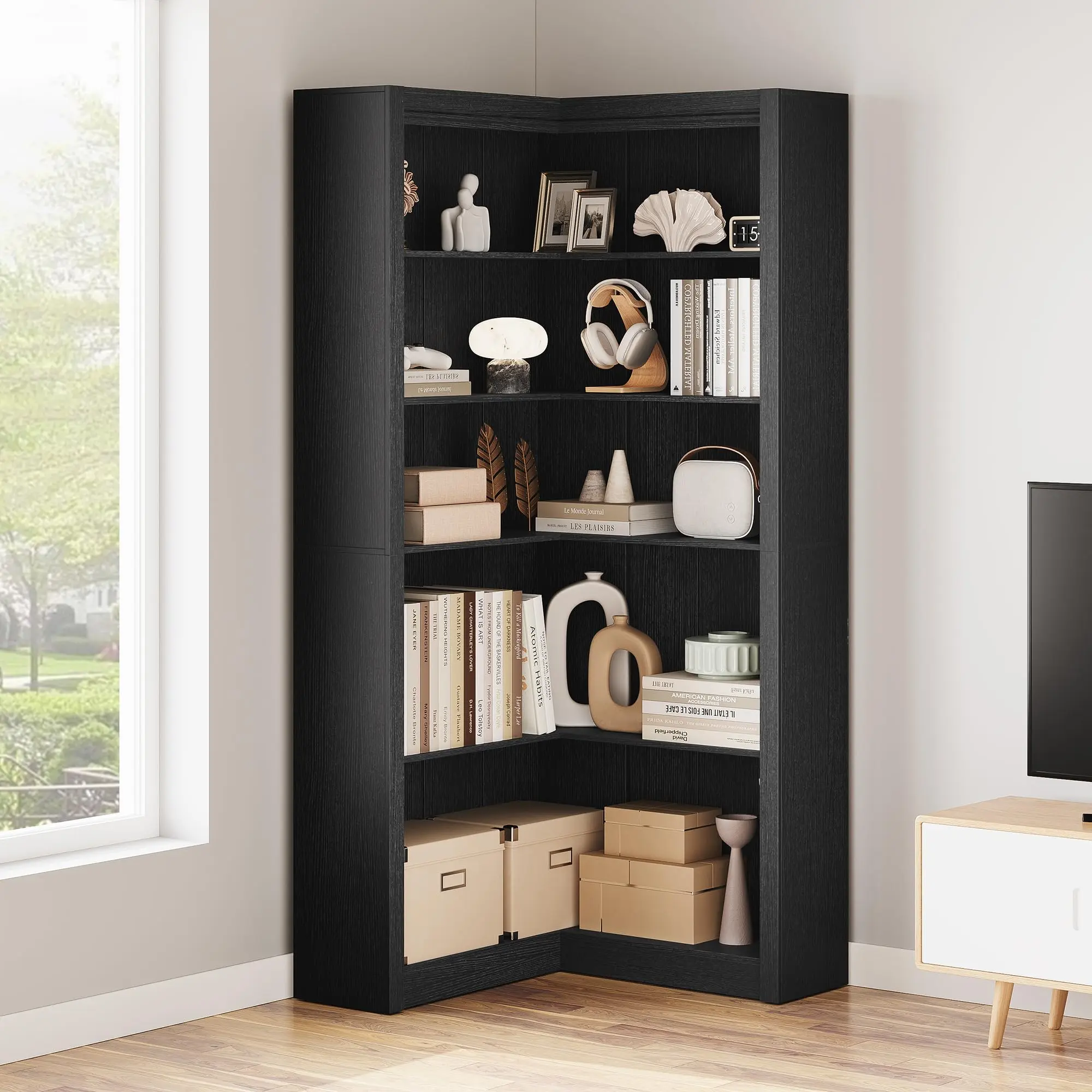 Heavy Duty L-Shaped Corner Bookshelf with Storage, 71.8'' Tall 5-Tier Farmhouse Bookcase, Large Open Corner Display Shelf for Living Room, Home Office - Heavy Duty Cabinets, Racks & Shelves