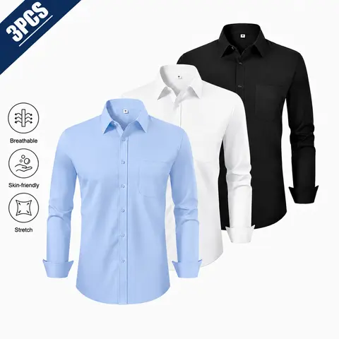 Alimens&Gentle Men's Dress Shirts 4-way Stretch Long Sleeve Collared Solid Wedding Dating Button Down Shirts Business Casual Breathable Outfits Menswear