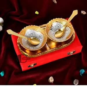 Gold & Silver Plated  German Silver Bowl Spoon Tray Set -  Serving set for  Dry fruits,  Return Gift for Weddings , Housewarming, Anniversary, Graduation Party Favor and Unique Mother's Day Gift