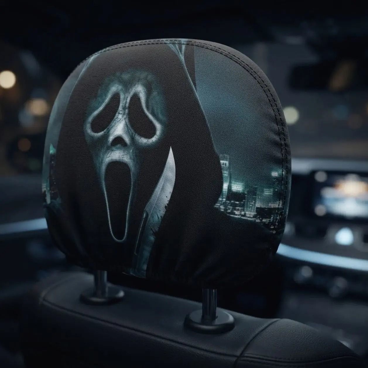 Spooky Ghostface Car Headrest Cover, Creepy Scream Mask Auto Headrest Protector, Horror Halloween Car Decor