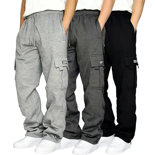 Men’s 3-Pack Cargo Straight Sweatpants with Multiple Pockets — Drawstring Elastic Casual Pants, American High-Street Style Loose Athletic Cargo Joggers