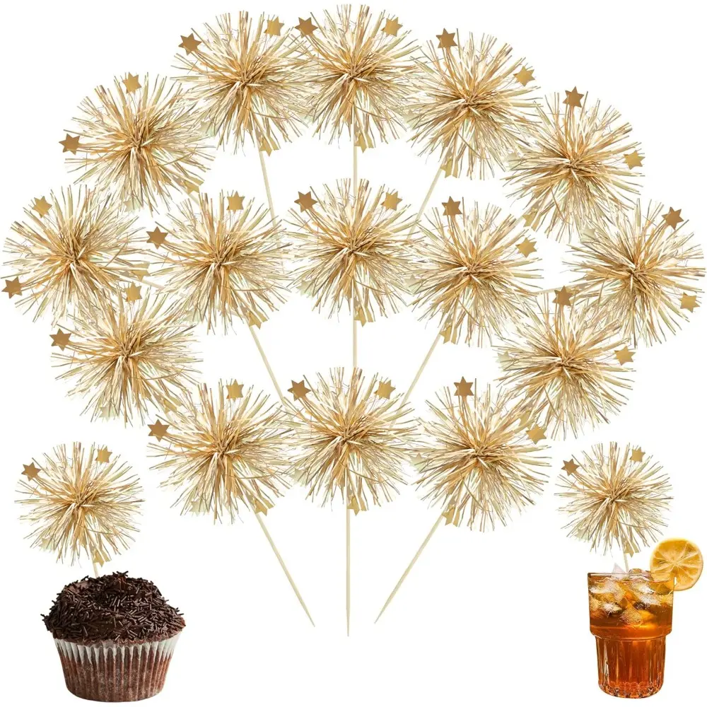 30-Pcs Gold Tinsel Foil Star Firework Cupcake Toppers - Bulk Pack Cake Decoration Supplies, Sparkle Cocktail Fruit Toothpicks for Birthday, Wedding Parties