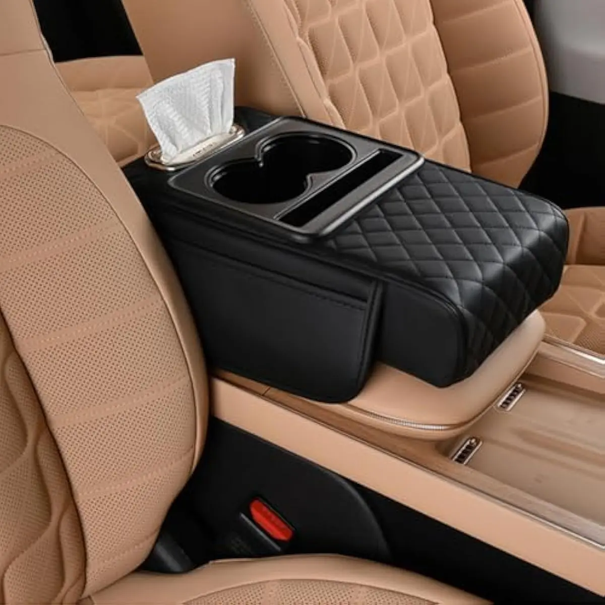 Leather 5-in-1 Ergonomic Diamond-Shaped Car Armrest Cushion - 13.4x7.8in Center Console Cover, 2 Storage Bags, Cup Holder, Tissue Box Slot, Phone Slot, Relieves Driving Fatigue for Sedans (Black), Diamond Stitch