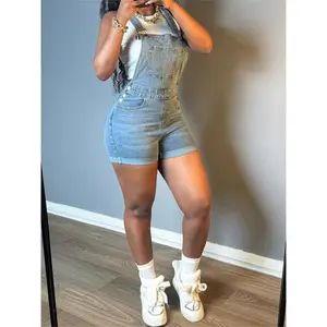 Women's Slim-Fit Sleeveless Jeans Romper - Button-trimmed ankles, Non-Transparent Denim Jumpsuit with Pockets, Machine Washable Casual Outfit for Everyday, Parties, Formal Events - Spring/Summer Essential, Casual Attire, Nontransparent FabricGift