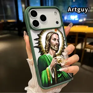 Magnetic Soft Case for iPhone 17 16  Pro Max Plus 15 14 13 12 11 Air E Divine Green Saint Pattern Anti-Yellowing Shockproof ultra-thin Silicone Crystal Transparent Acrylic Cover Supports Wireless Charging
