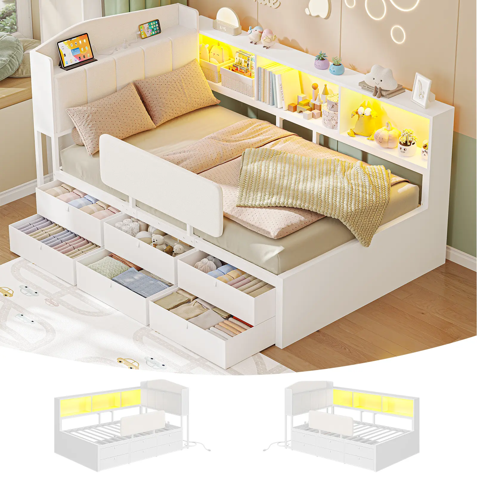 AOGLLATI Twin Corner Bed with 6 Storage Drawers and Safety Guardrail LED Daybed with Charging Station 3 Open Side Cubbies