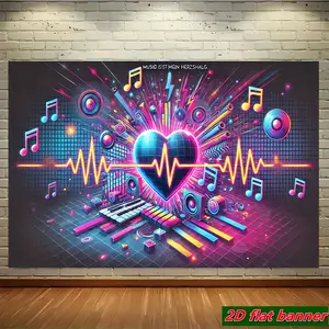 2D Flat - 1pc 2D Flat Banner | Music Heartbeat Rhythm, Holiday-themed, Durable Polyester Photographic Hanging Cloth, Suitable for Event Decorations at Family Gatherings, Birthday Parties, etc. (No Electricity Required)