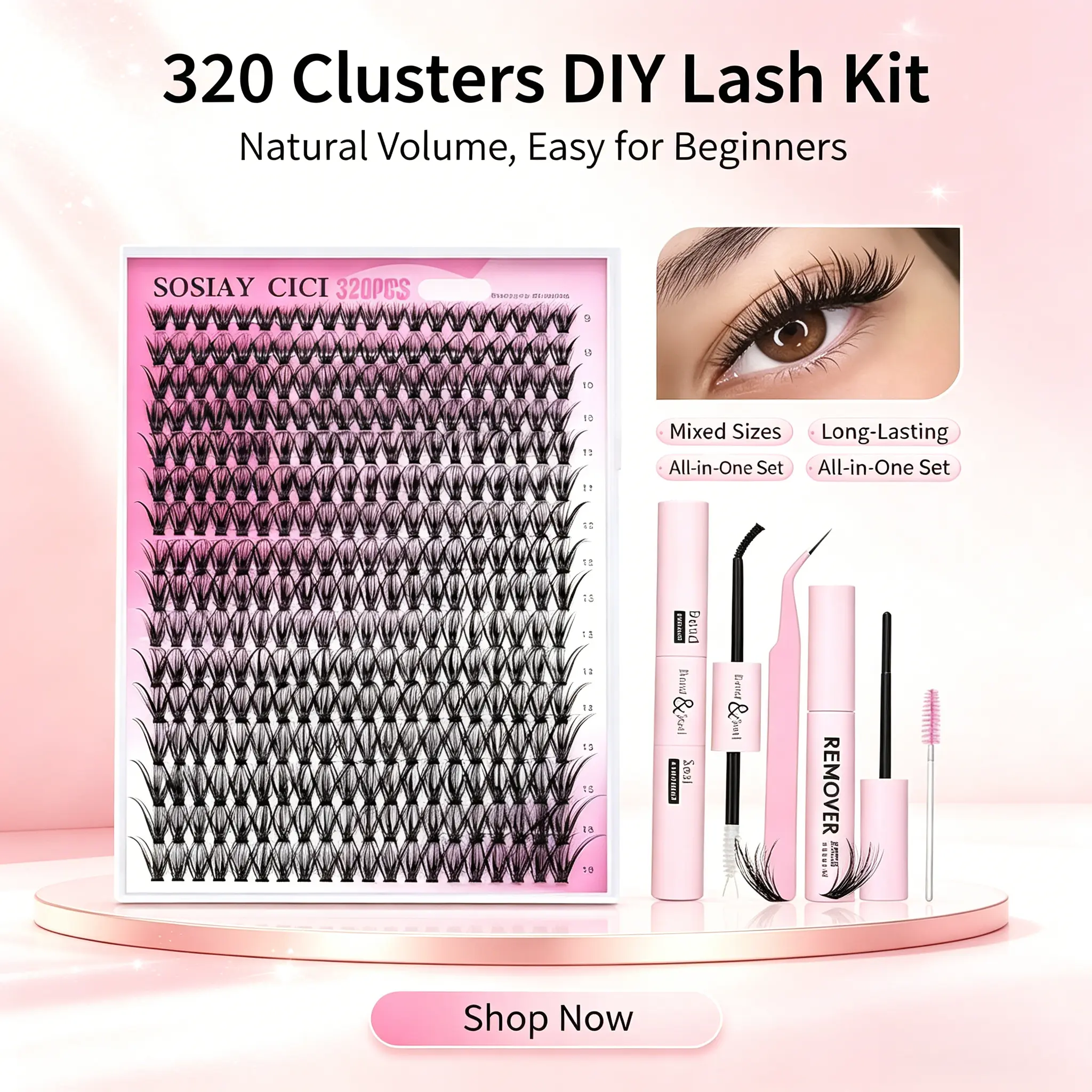 SOSIAY CICI All-in-One Cluster Lash Extension Kit, Natural Daily 320PCS & Dramatic Fluffy 80D+100D Individual Lashes, Complete Application Tools for At Home Newbies