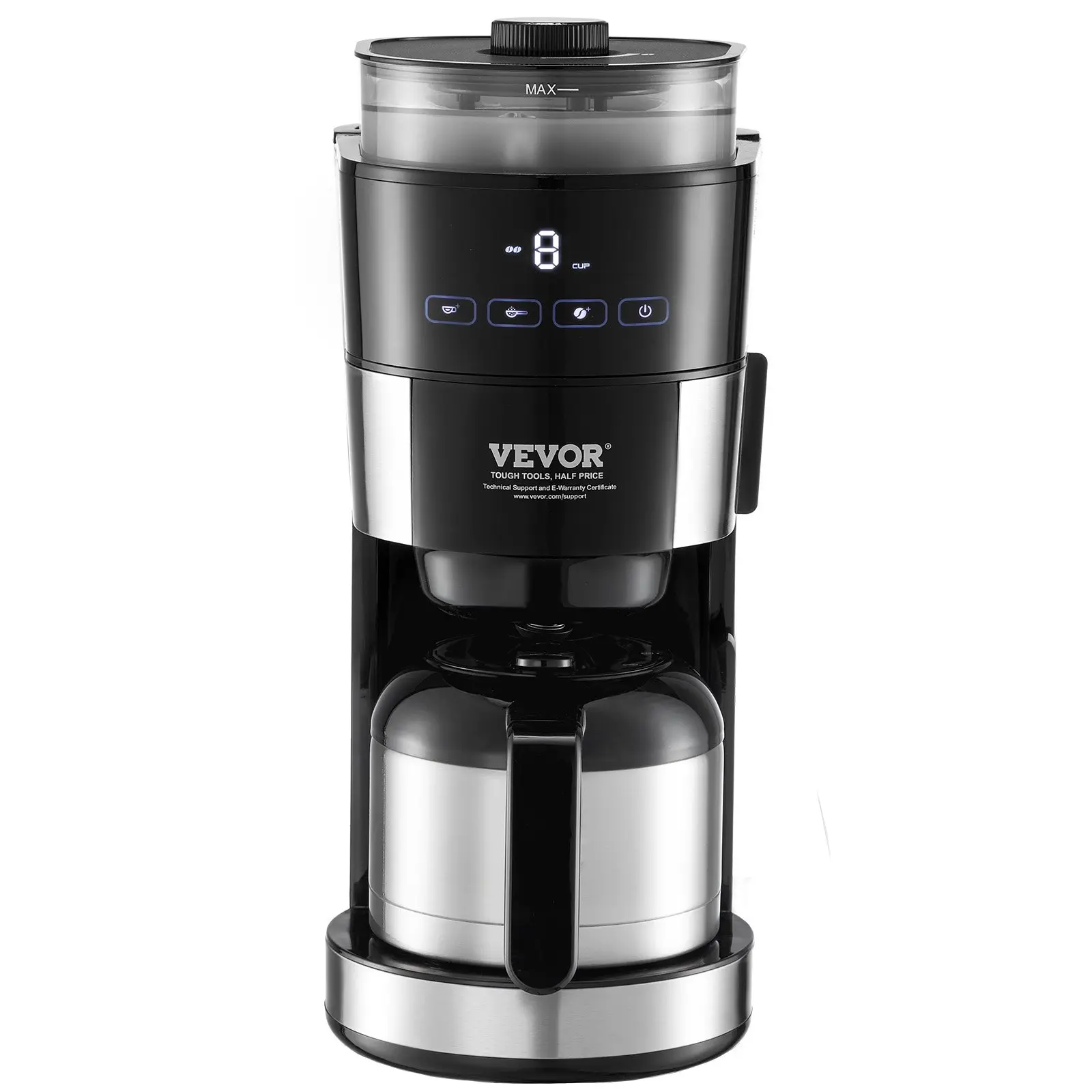VEVOR Coffee Maker with Grinder, 8 Cup Programmable Coffee Machine, Grind and Brew Coffee Maker with 24-Hour Timer for Auto Brew, Reusable Filter