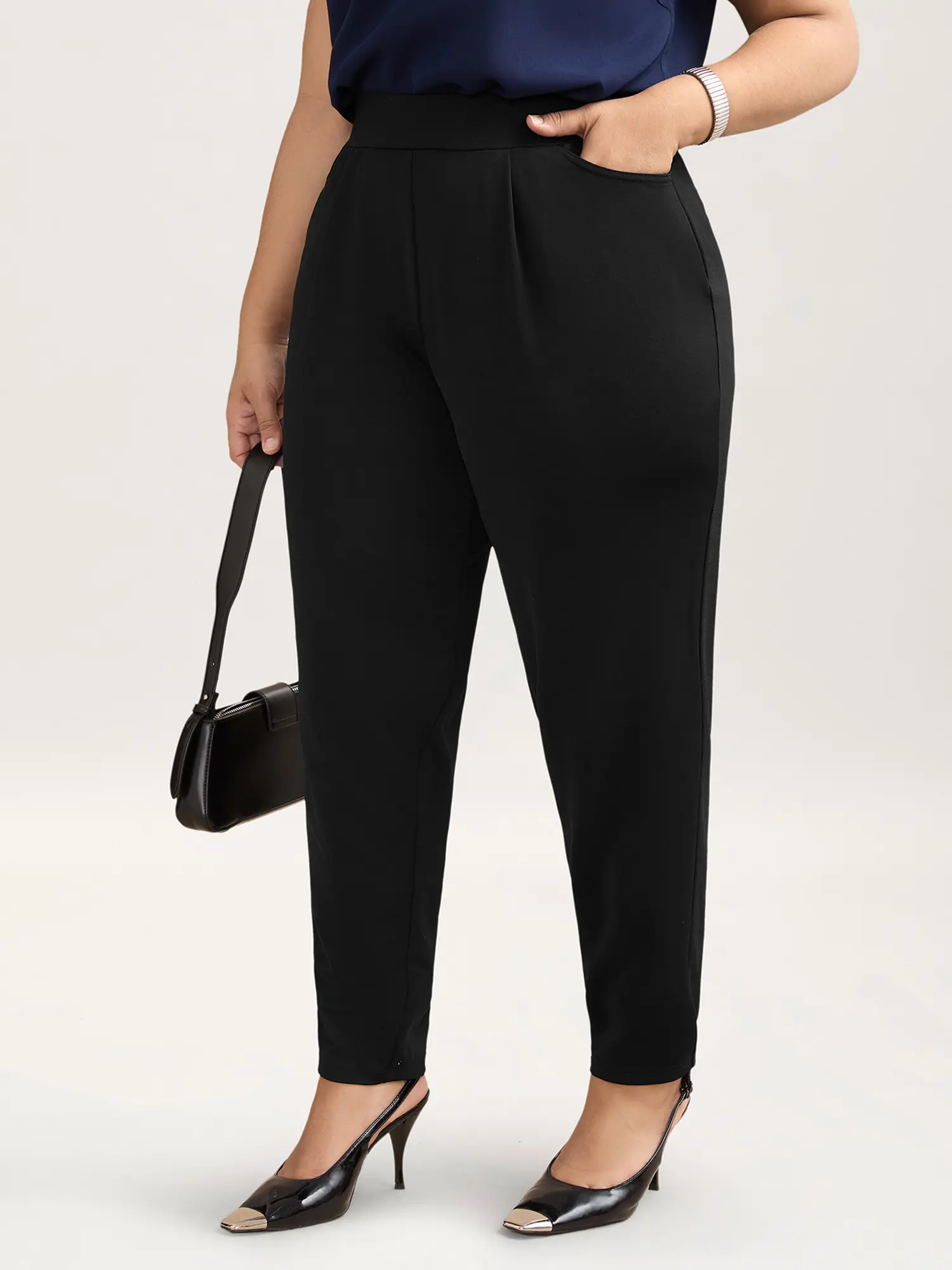 BLOOMCHIC Women's Plus Size Wide-Leg Spandex Garment Pants - Black Mid-Rise with Stretchy Waist, Pocket, Full-Length Basic Bottoms for Leisure Everyday Summer Wear, Lady, Trouser, Fabric