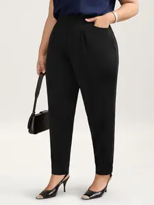 【Summer Turn-Up】BlOOMCHIC Plus Plus Pleated Stretchy Waist Skinny-Fit Pants Black Mid Rise Office Wear Full Length 95% Polyester 5% Spandex Non-Belted Slanted Pockets [1x-6x] 2026 Summer Pick for Mother's Day