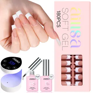 Aillsa French Style Nails Set- 180pcs Brown Medium Square Soft Gel Nail Tips in 15 sizes, 4 Timers Setting UV Light with Auto Sensor, Base&Top coat, gel x nail Press-on Nail Extension DIY Nails birthday/valentine day gifts Comfort Cutics Manicure