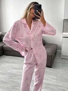 SHEIN Tall TALL SIZE Women 2 Pcs Button Front With Striped&Bot Pattern Homewear Cute Pajama