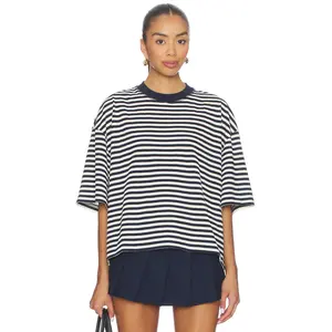 LIONESS Bloom Short Sleeve Tee in White Navy Stripe