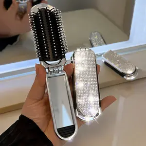 1pc Shiny Silver Color Folding Comb with Rhinestones, Portable Design with Mirror, Stylish Pocket Comb for Men and Women, Hair Styling Combs
