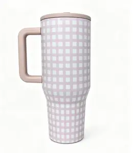 HydroJug 40oz Blush Pink Gingham Stainless Steel Insulated Water Bottle - Leak-Proof Tumbler with Handle, Stylish Lid, 24H Cold Retention for Office, Road Trips