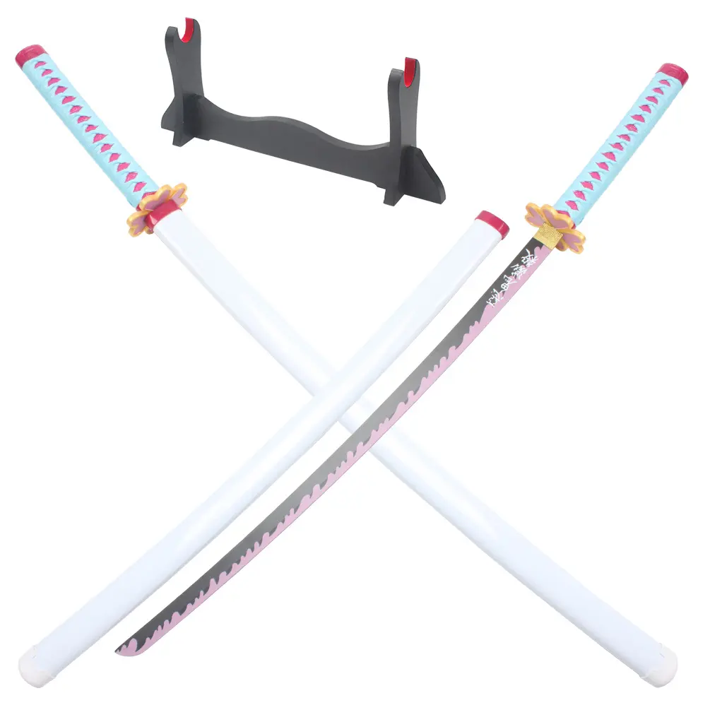 ELERVINO Unisex Real Demon Slayer Kanroji Mitsuri Anime Toy Sabre - 41in, 3.1lb, Metal-Plastic Prop, Wooden Holder Stand (Keeps Upright), Ages 12+/12 Years Above, Cosplay, Collection Decoration, Holiday Gift (Toys & Hobbies), Anime Sword