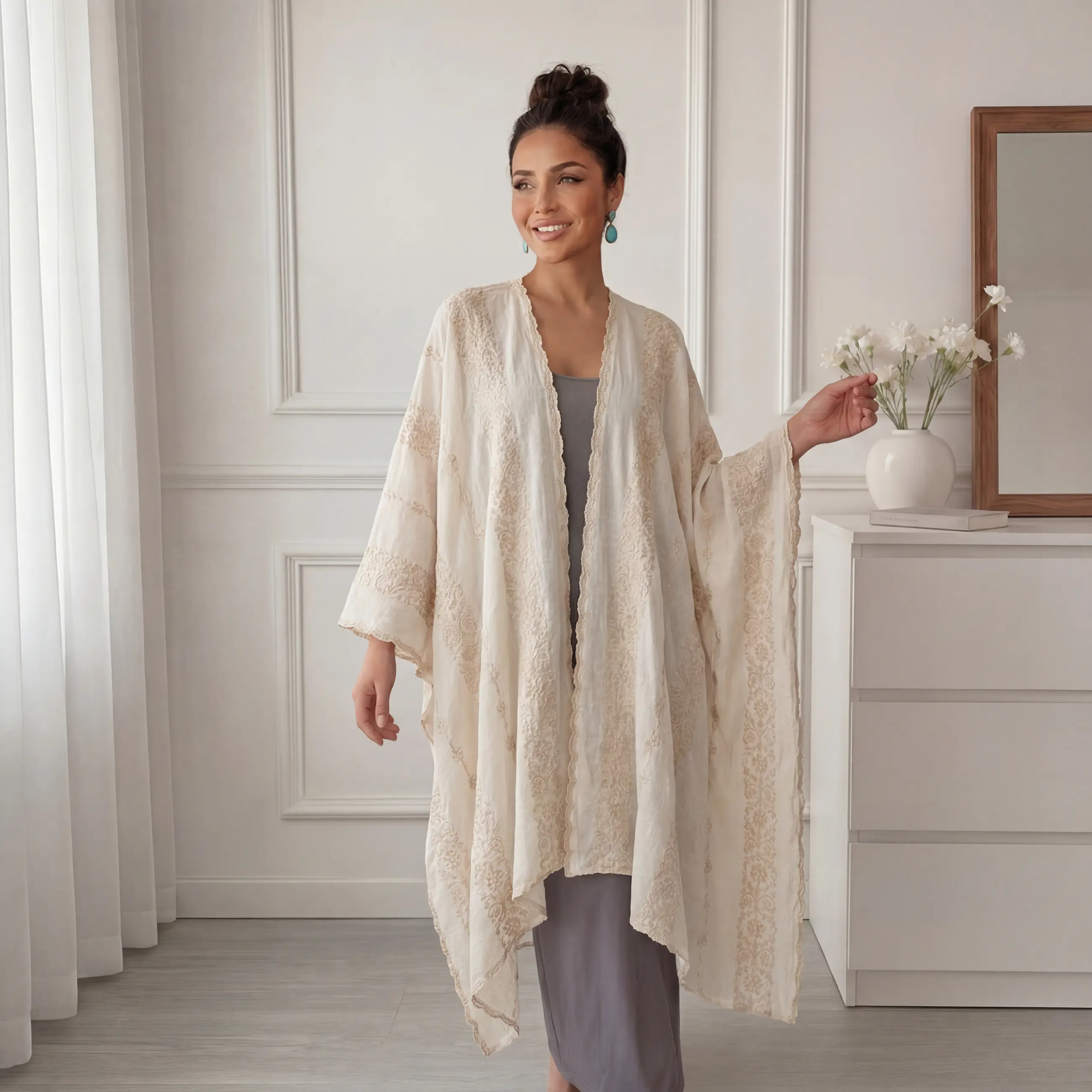 Boho Embroidered Kimono Cover Up | Flowy One Size Fits All Beach & Daily Shawl style perfect