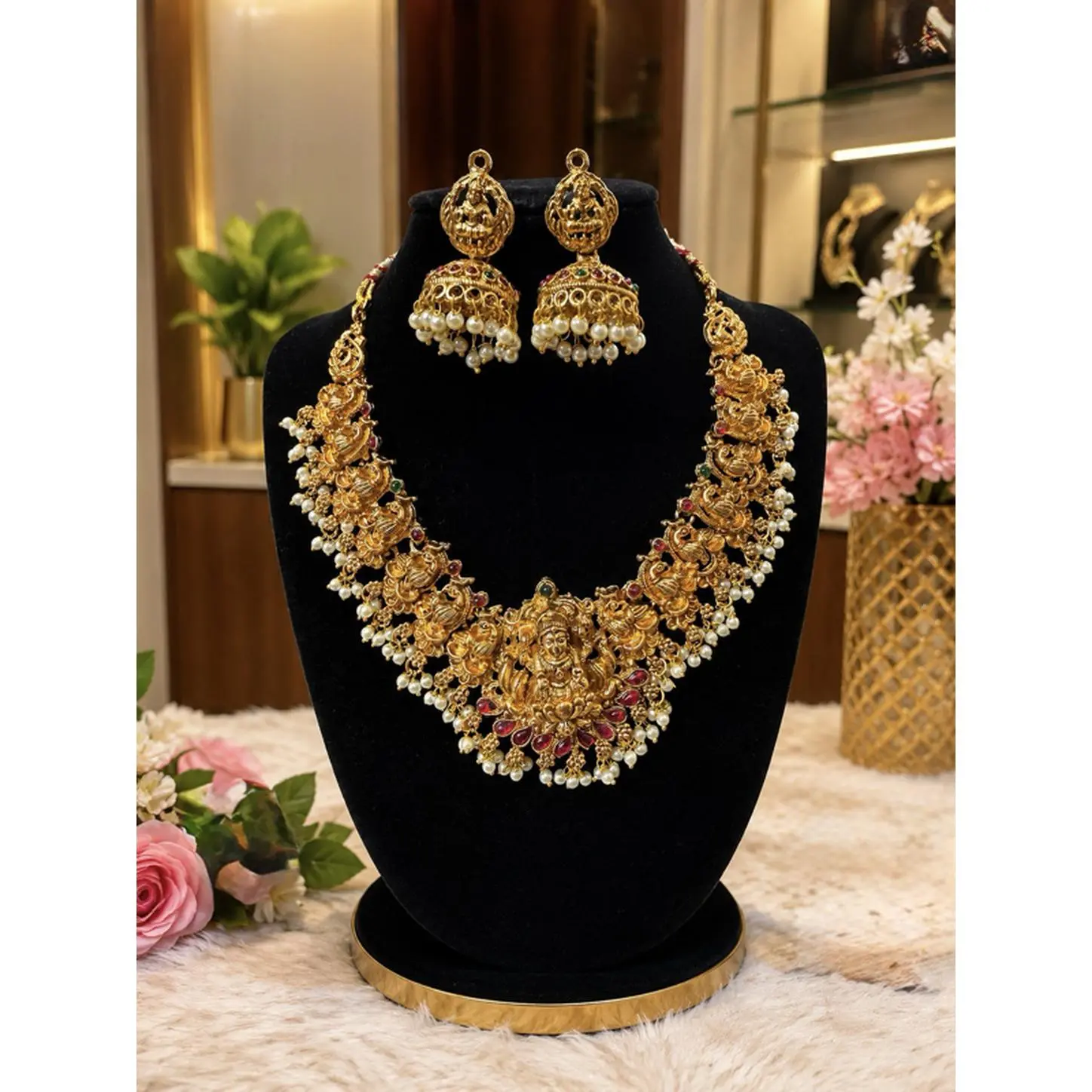 Gold-Plated Temple Jewelry Set with Red & Green Stone Detailing and Elegant Pearl Drops for a Royal Look