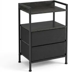 2 Fabric Drawers, 3-Tier Storage End Table with Storage Shelf for Living Room, Modern Bed Side Table with Open Shelf for Bedroom Study Hallway