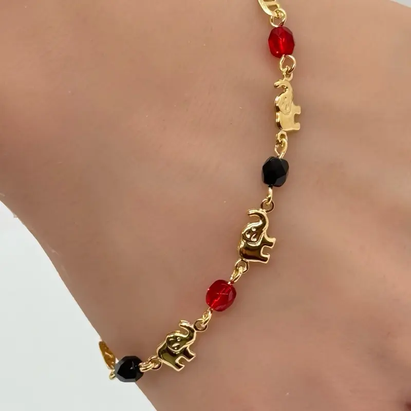 14k Gold Plated Elephant Bracelet with Black and Red Beads, Featuring Elephant Charm and Gold-Tied Design