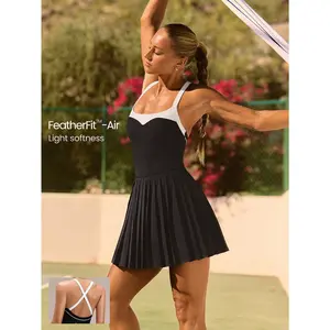 GLOWMODE Game Glow Crossover Straps Shelf Bra Sweetheart Neck Pleated Tennis Dress With Built-In Shorts Golf Pickleball Daily Casual Wear