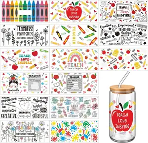 15 Sheets UV Dtf Cup Wrap Transfer Stickers Teacher Appreciation Cup Transfer Decals for 16 oz Glass Water Bottle 9.8 x 4.7 Inch  Mug Stickers Craft DIY(Teacher)