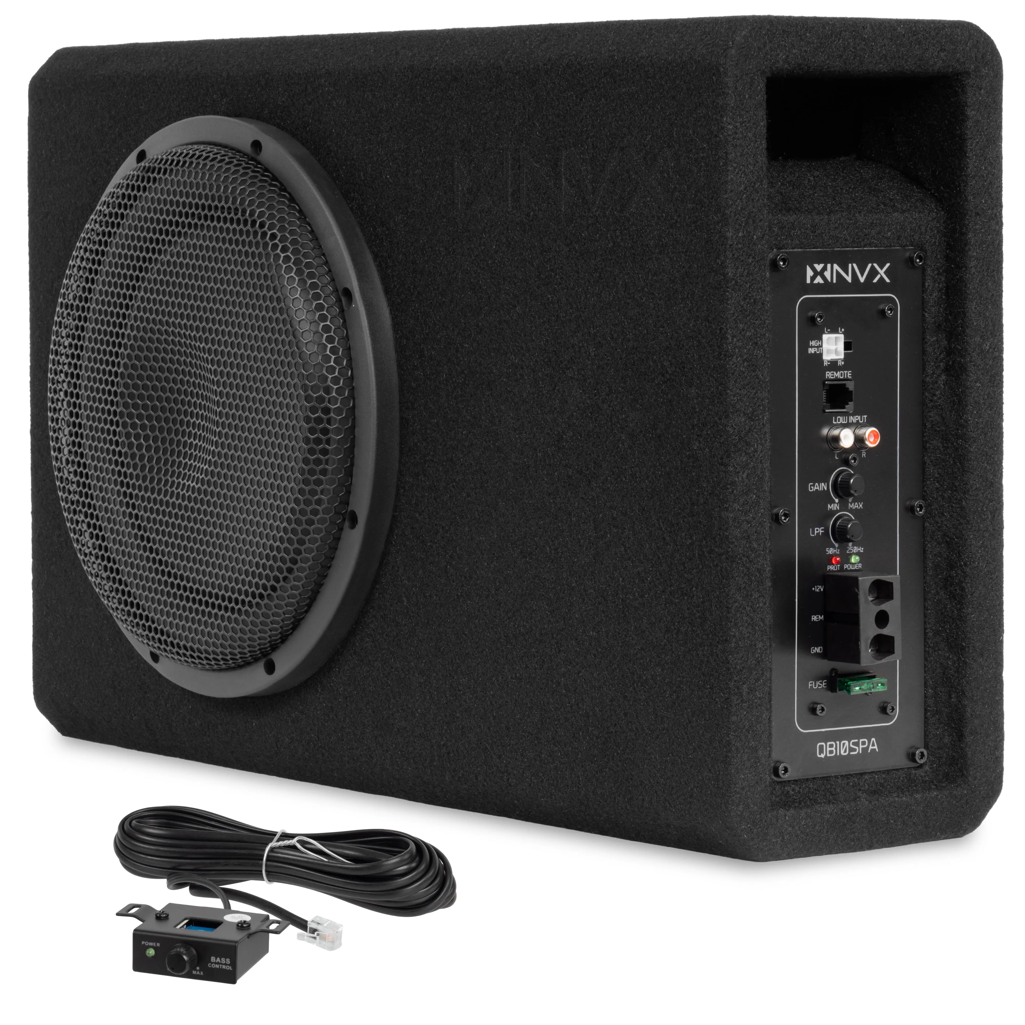 QB10SPA 1200W Peak (350W RMS) Single 10" Amplified Ported Loaded Subwoofer Enclosure with Remote Bass Knob and Amplifier Wiring Kit