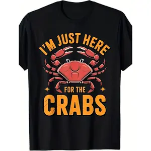 Funny Crab Lover T-Shirt with "I'm Here for the Crabs" Slogan & Crab Graphic - with Red & Yellow Crab Design, Loose Fit Short Sleeve Casual Summer Tee for Boys, Girls & Children (Sizes 130-160) - Crabbing Trip Outfit, Seafood Festival Apparel