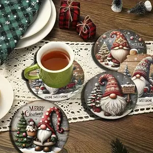 Christmas Gnome Coaster Set - 6PCS Heat-Resistant Wooden Holiday Decor with Festive Dwarf Designs, Perfect Seasonal Gift
