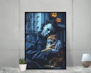 Michael Myers Cat Poster - Cute Horror for Halloween, Art Print for Cat Lovers & Movie Fans, Gift for Spooky Season