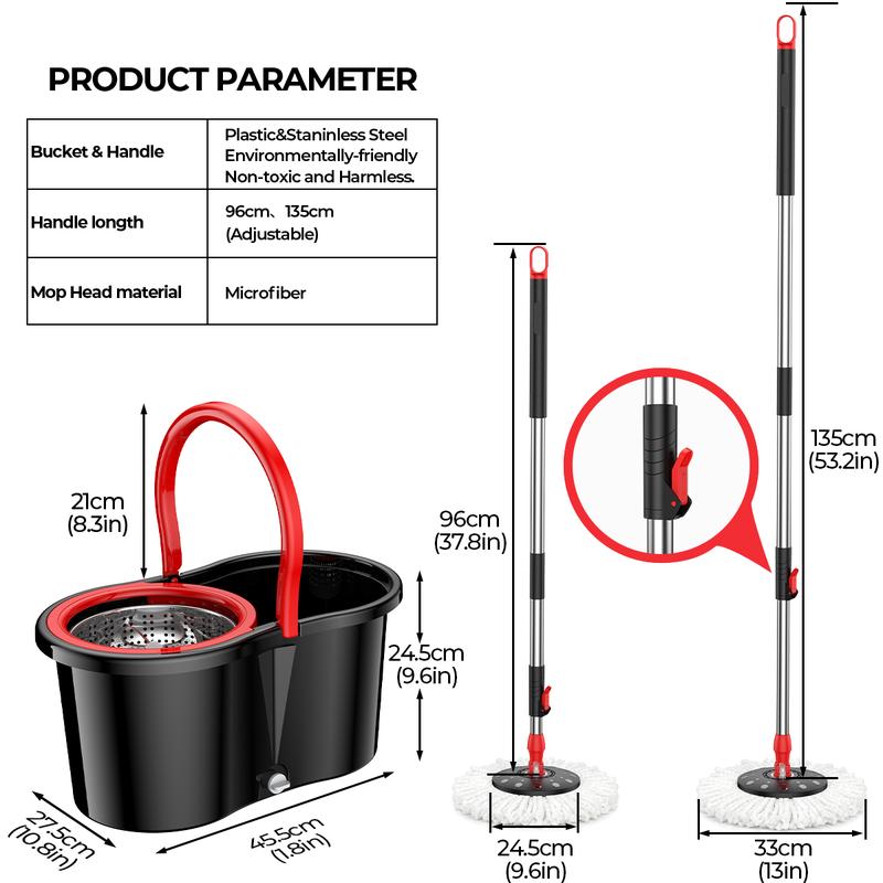 new Stainless steel rotating mop set, including 3 replacement mop heads and an extendable handle, for convenient cleaning, featuring a rotating design. Black and red two-tone mop bucket set. Rotating mop bucket set. commercial mop