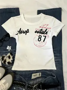 American Vintage Classic Letter Print Round Neck Short Sleeve T-Shirt, Casual Daily Wear, Stylish and Comfortable, Perfect for Everyday Use, Casual Style Tee