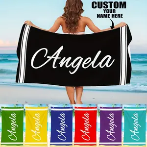 Personalized Striped Beach Towel – Ultra-Soft, Quick-Drying, Custom Swim Towel for Pool, Travel, Yoga, Camping, and Fitness – Ideal Unisex Gift – Black Background with White Stripes and Flowing Lettering