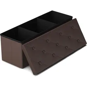 Storage Ottoman Bench, 43 Inches Folding Ottoman with 2 Dividers, PU Leather Foot Rest, End of Bed Bench, Storage Chest for Living Room, Bedroom and Entryway, Brown