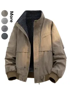Men's Vintage Workwear Fleece Jacket, Stand Collar, Multiple Pockets, Durable Fabric, Warm Inner Lining, Fall & Winter Fashion, Coats