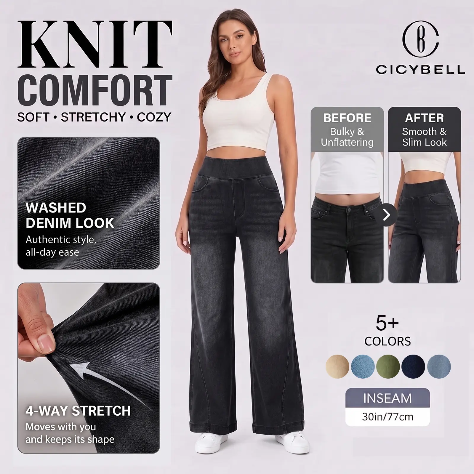 Cicy Bell Women High Waist Stretch Denim Wide Leg Pants Pull On Loose Flare Jeans with Pockets