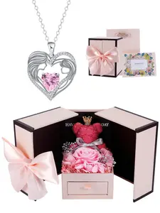 Love Heart Mom and Daughter Necklace With Moss Bear Rose Jewelry Gift Box, I Love You Mom Necklace Gift, Mother's Day Birthday Jewelry Gift for Mom from Daughter