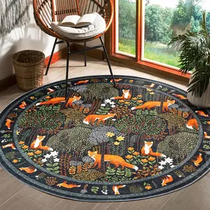 1pc American Country Fox Round Carpet, Decorative Rug Mat, Natural Plant Floral Design, Foldable Non-Slip for Living Room Bedroom