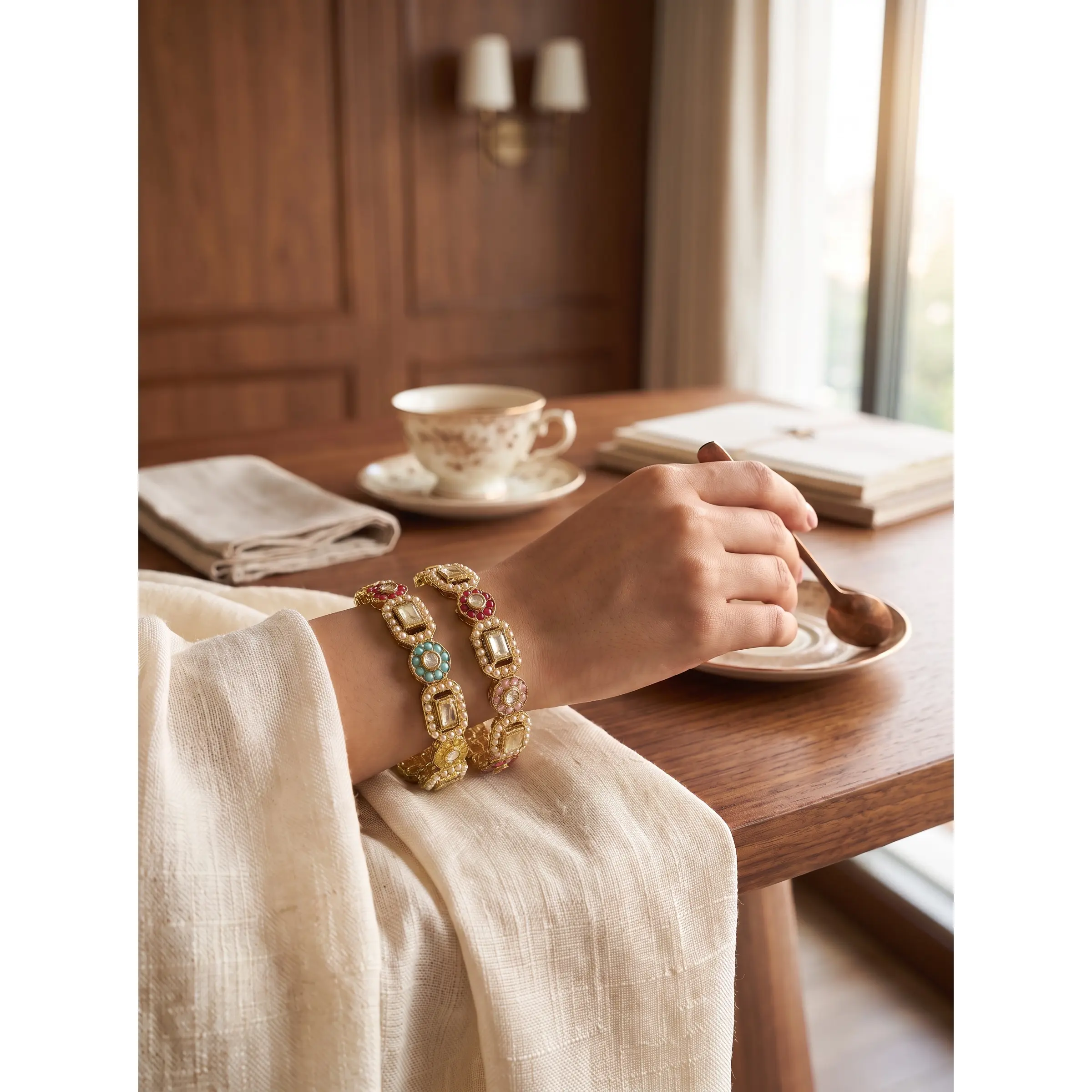 Noorani Multicolor Kundan-Style Bangle Set – Gold Tone – 3 Sizes Available