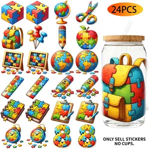 Uv Dtf Transfer Stickers - 24Pcs/Set Autism Teacher Theme Uv Dtf 16Oz Diy Transfer Stickers Applicable For 16 Oz Water Bottles Glass Bottles Laptops Home Decor Diy High Viscosity Transfer Paper