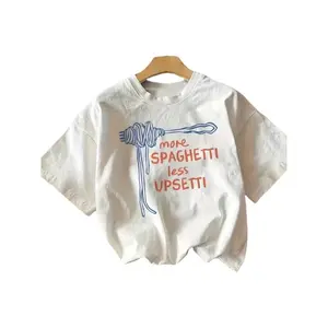 More Spaghetti Less Upsetti Graphic Tee Women Cute Funny Pasta Noodle Print Crewneck Short Sleeve Oversized Casual Soft Cotton Summer Outfit Streetwear Top