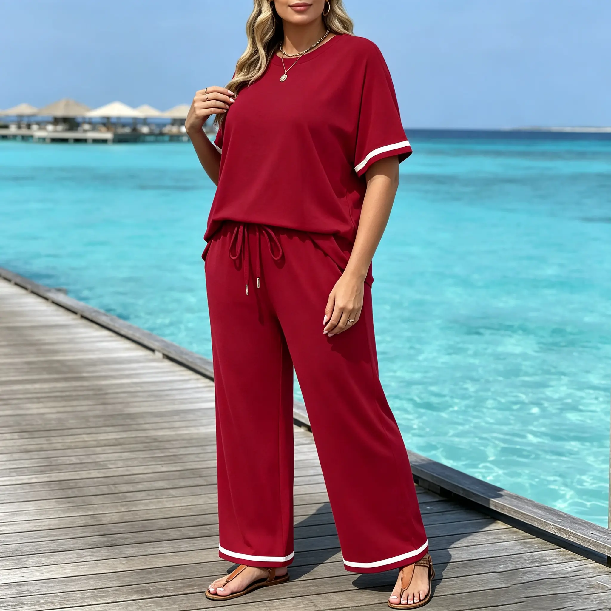 NEW Women's 2-Piece Summer Lounge Set, Long Sleeve Top & Wide Leg Pants, Casual Matching Outfit
