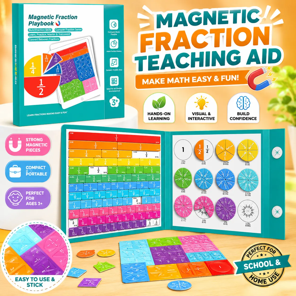 Magnetic Fraction Educational Puzzle Fraction Tiles and Circles, Equip Magnetic Score Disk Demonstrator,Math Manipulatives Enhance Early Primary School Students Mathematical Skills