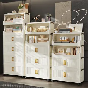 Collapsible Storage Cabinet with Open Shelves & Closed Doors, Rolling Modular Organizer with Open Front Baskets, Plastic Storage Cabinet with Lockable Wheels, For Living Room, Kitchen, Bedroom, Apartment & Home Organization